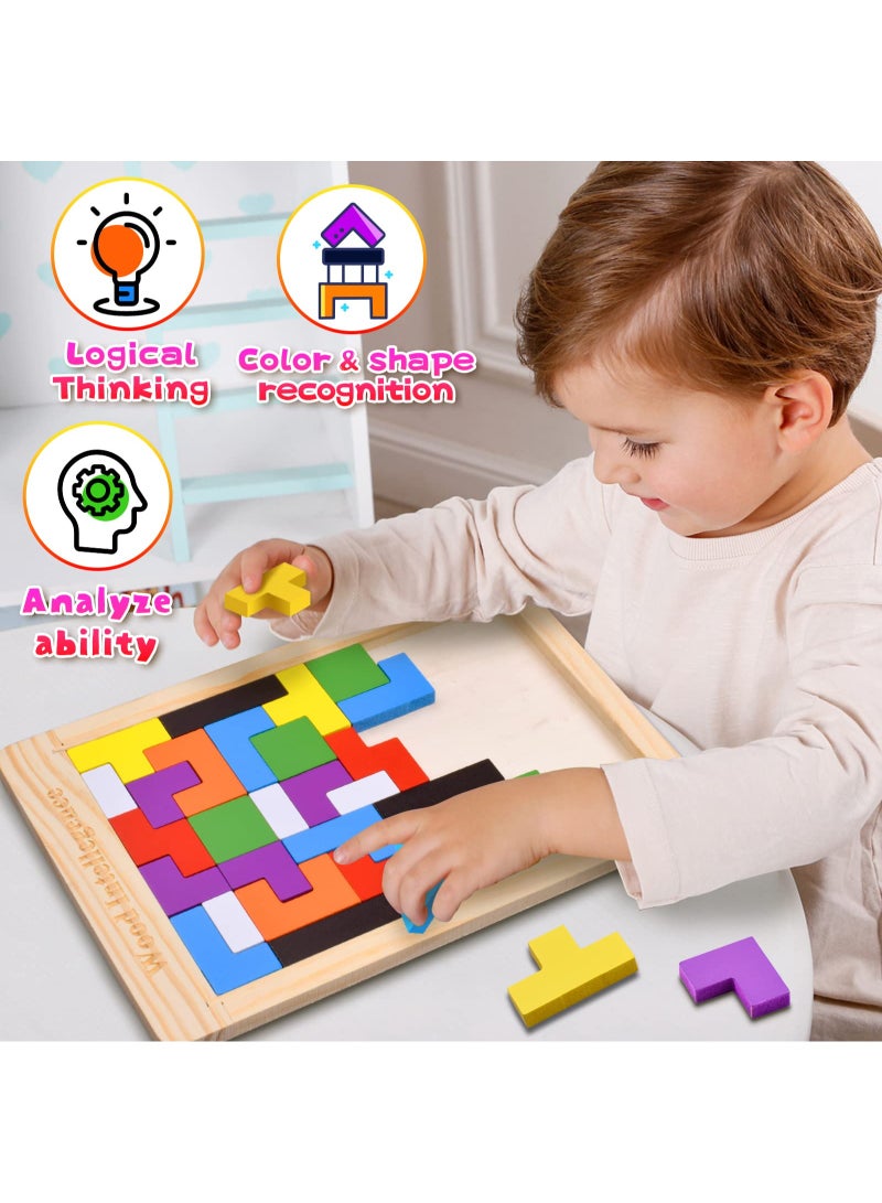 أحجية الصور المقطوعة الخشبية للأطفال من سن 4 إلى 8 سنوات، مكعبات روسية ثلاثية الأبعاد سميكة وملونة، وأحجية تانغرام، ولعبة ذكاء، هدية تعليمية للأطفال الصغار من سن 3 إلى 4 سنوات، و5 إلى 6 سنوات، و7 سنوات، وأولاد وبنات. - Image 2